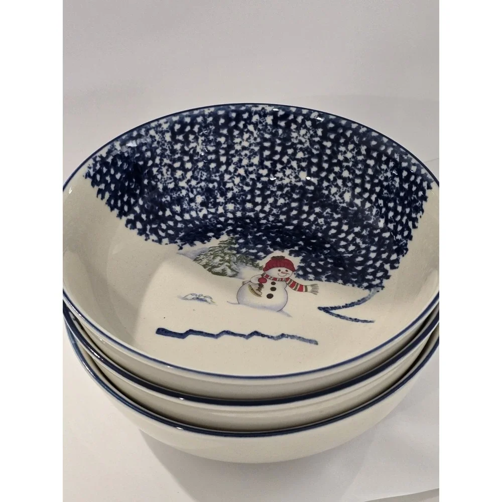 Thomson Pottery Snowman Soup Bowls Set of 3 Blue Sponge Winter